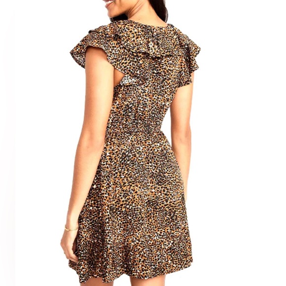 Old Navy Women's Rebel Ruffle Brown Animal Print Mini Dress w/Pockets Size S NWT - Picture 2 of 11